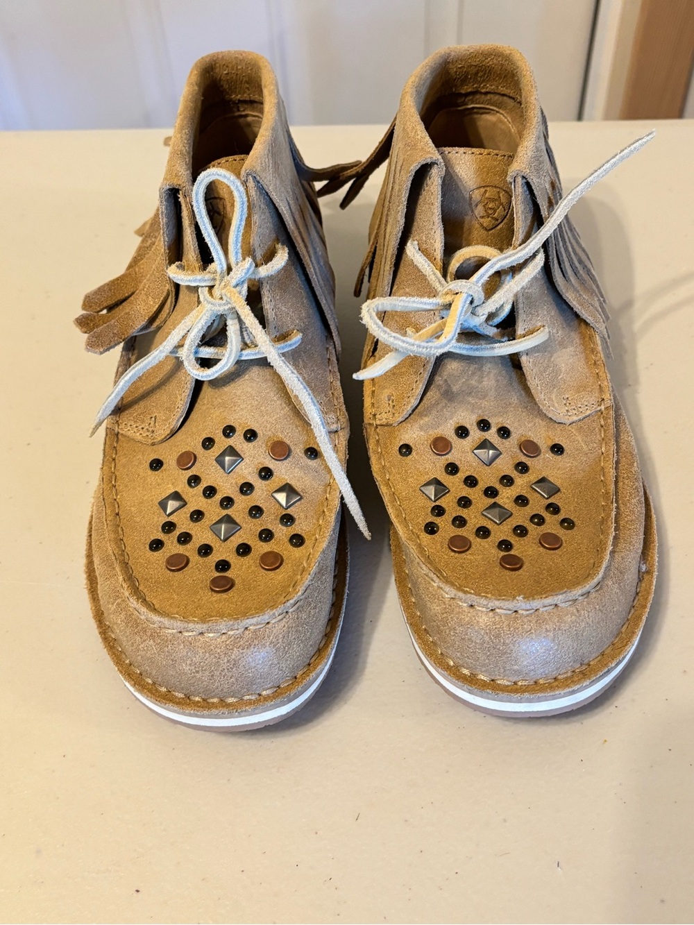 Ariat Tan Suede Fringe Moccasins with Stud Accents 8B